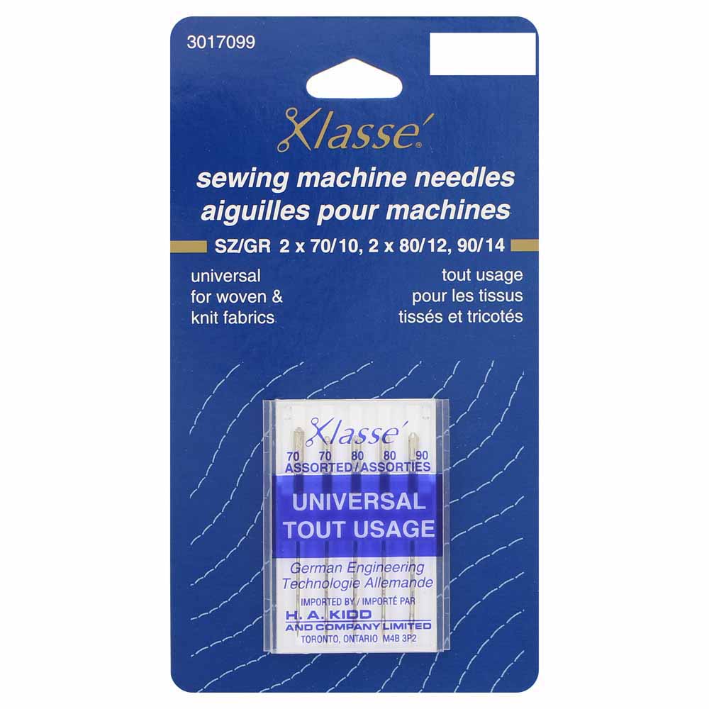 KLASSE Universal Sharps Sewing Machine Needles Assorted 2×70/10, 2×80/12, 1×90/14 5-Pack
