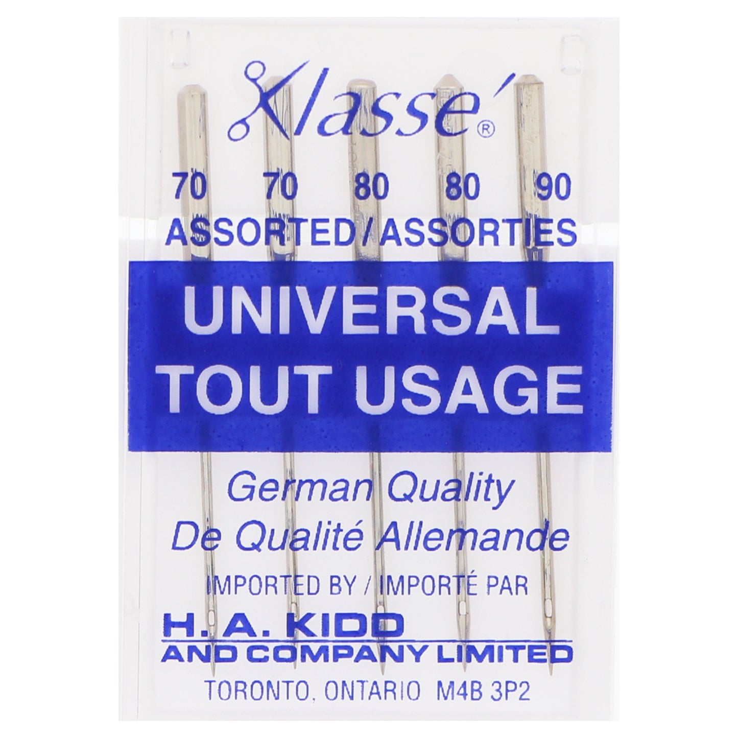 KLASSE Universal Sharps Sewing Machine Needles Assorted 2×70/10, 2×80/12, 1×90/14 5-Pack