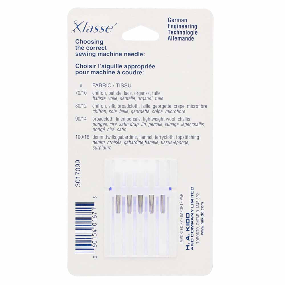 KLASSE Universal Sharps Sewing Machine Needles Assorted 2×70/10, 2×80/12, 1×90/14 5-Pack