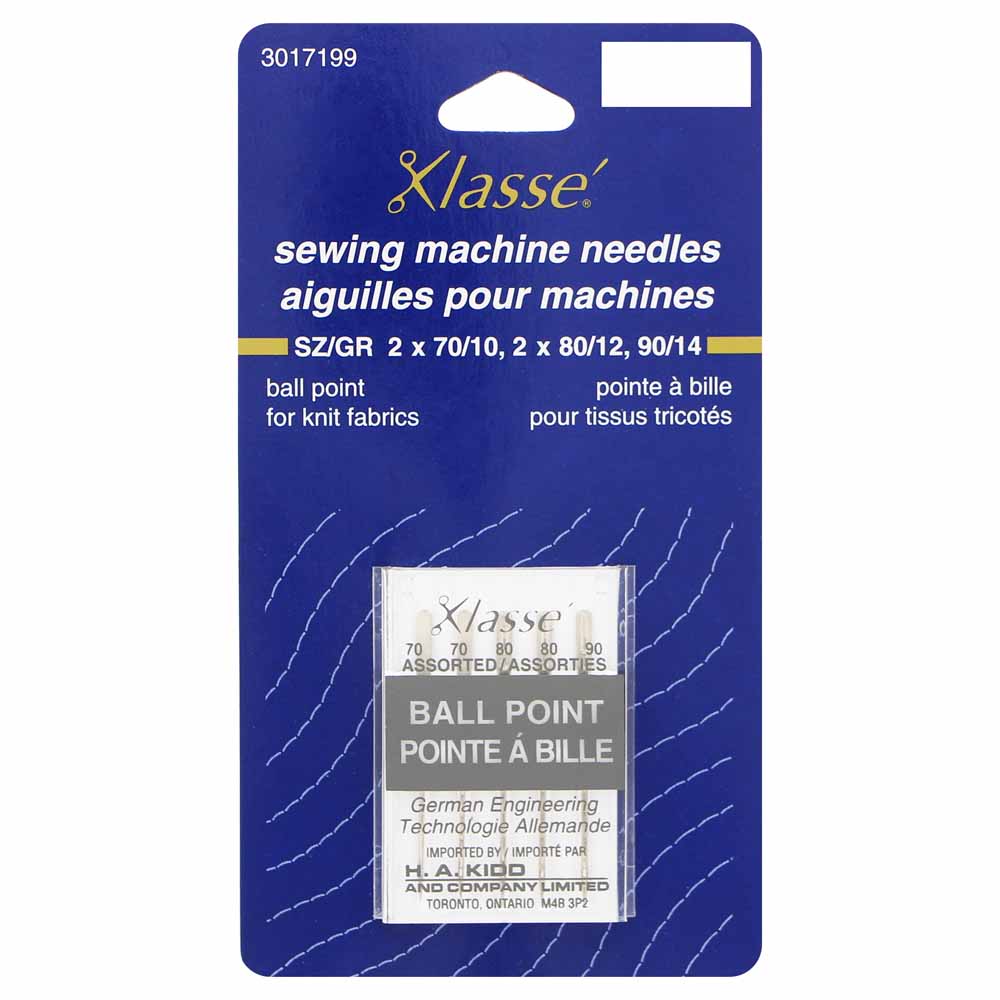 KLASSE Ball Point Sewing Machine Needles Assorted 2×70/10, 2×80/12, 1×90/14 5-Pack