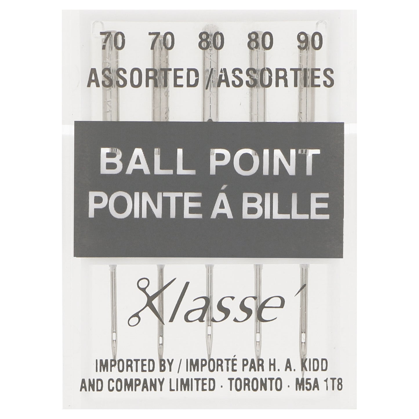 KLASSE Ball Point Sewing Machine Needles Assorted 2×70/10, 2×80/12, 1×90/14 5-Pack