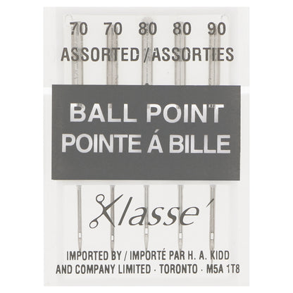 KLASSE Ball Point Sewing Machine Needles Assorted 2×70/10, 2×80/12, 1×90/14 5-Pack