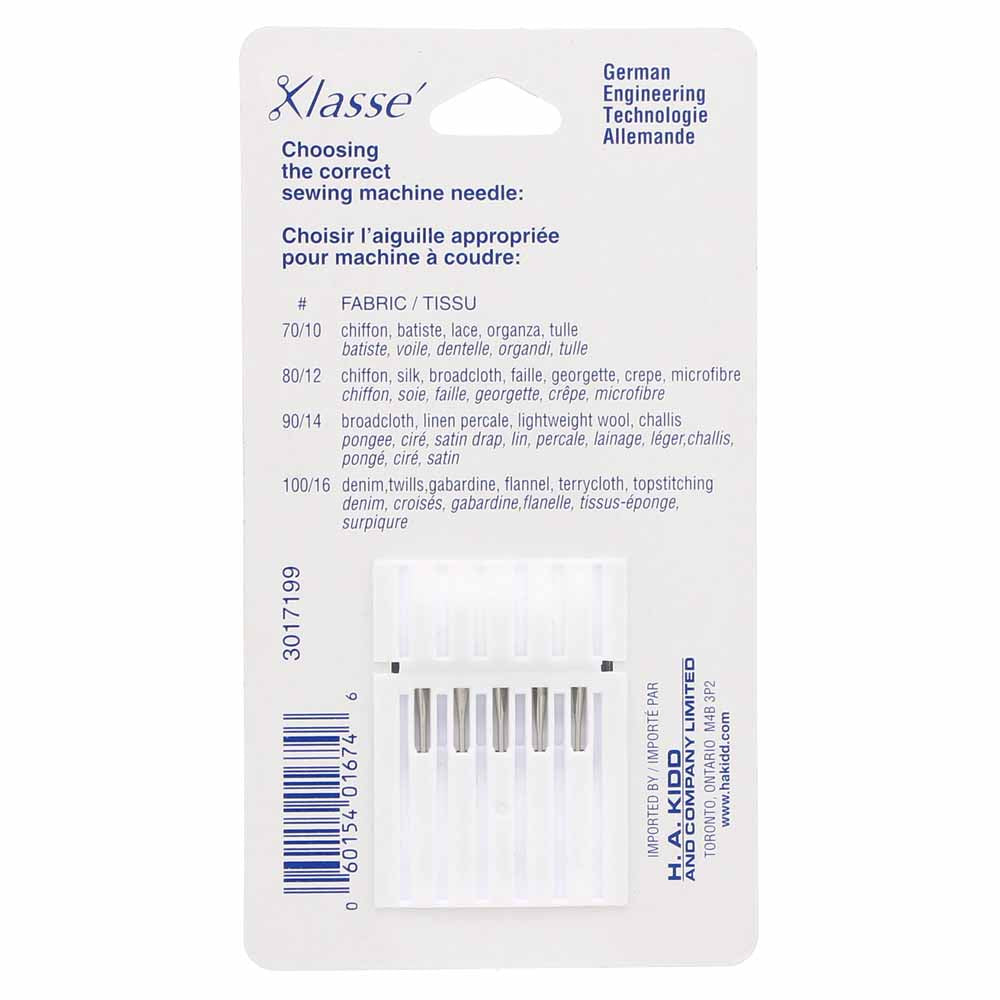 KLASSE Ball Point Sewing Machine Needles Assorted 2×70/10, 2×80/12, 1×90/14 5-Pack