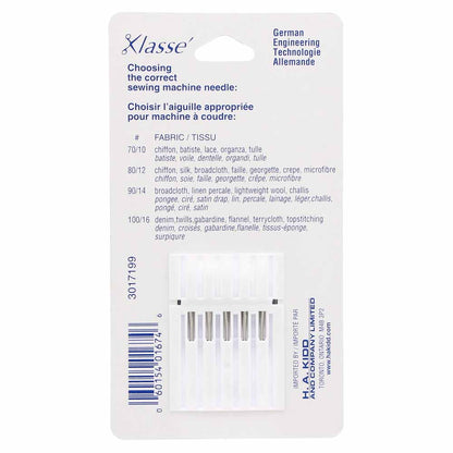 KLASSE Ball Point Sewing Machine Needles Assorted 2×70/10, 2×80/12, 1×90/14 5-Pack