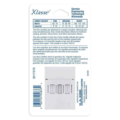 KLASSE Twin Machine Needle Jeans/Denim 100/16 4.0mm 1 Pack