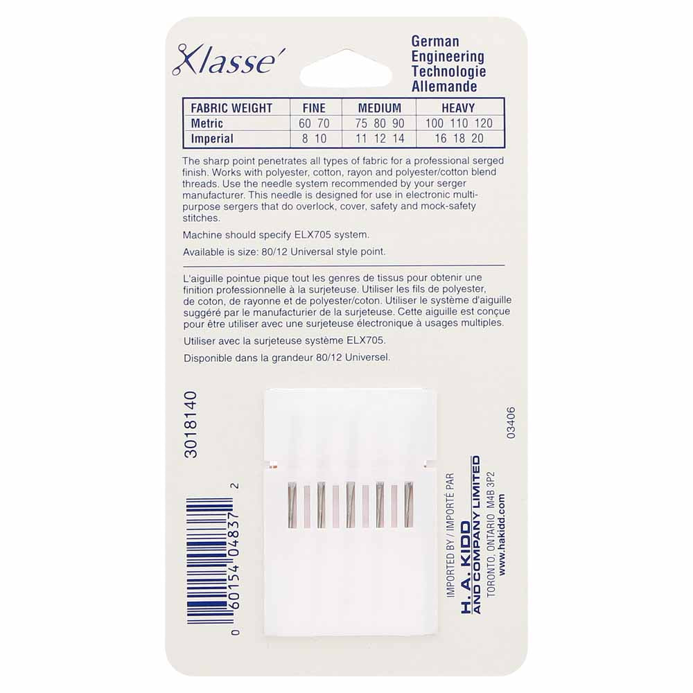 KLASSE Serger Machine Needles Serger ELx705 80/12