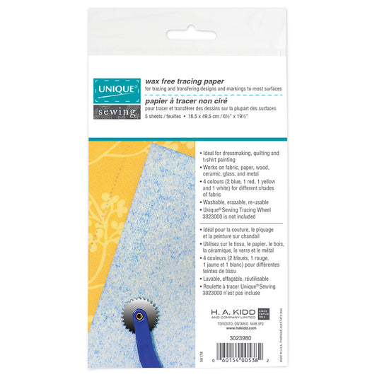 UNIQUE SEWING Tracing Paper — Assorted Colours, 16.5 × 49.5 cm (6½″×9½″), 5 Sheets