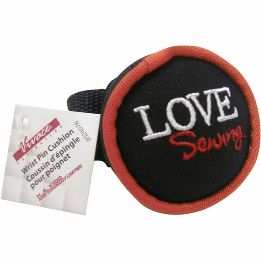 VIVACE Wrist Pin Cushion – Canvas Love Sewing – Black with Red Trim