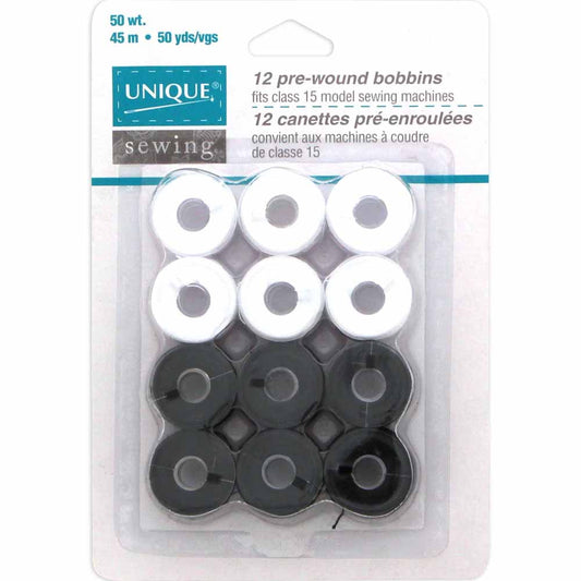 UNIQUE SEWING Pre‑Wound Reusable Bobbins — Black & White, Class 15, 12 pcs