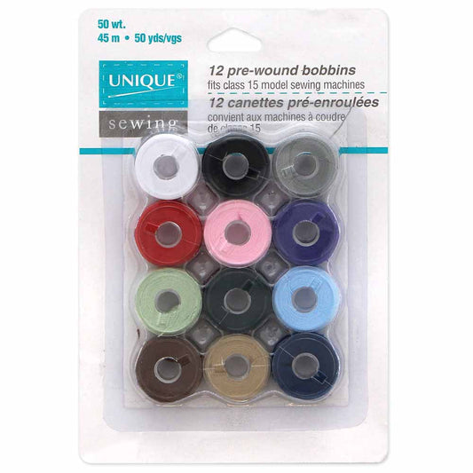 UNIQUE SEWING Pre‑Wound Reusable Bobbins — Assorted Colours, Class 15, 12 pcs