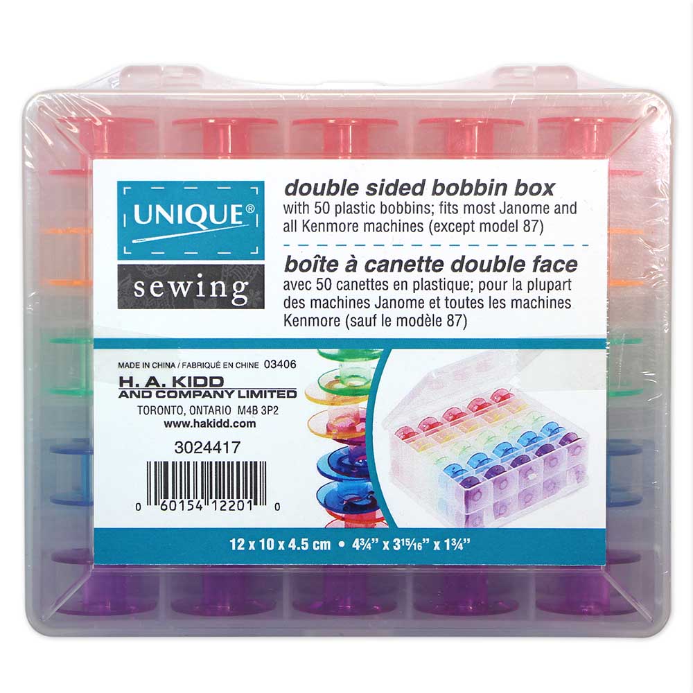 UNIQUE SEWING Double‑Sided 50‑Pc Bobbin Box with 50 Plastic Bobbins – 12 × 11 × 4.7 cm