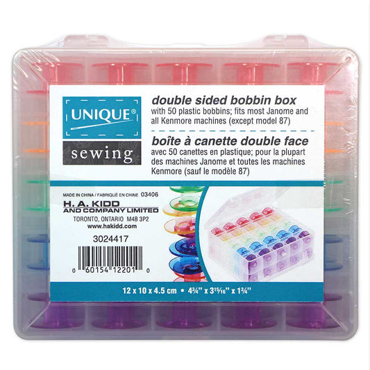 UNIQUE SEWING Double‑Sided 50‑Pc Bobbin Box with 50 Plastic Bobbins – 12 × 11 × 4.7 cm