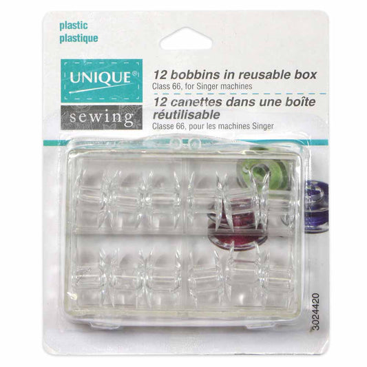 UNIQUE SEWING Plastic Bobbins in Reusable Box — Singer Class 66, 12 pcs