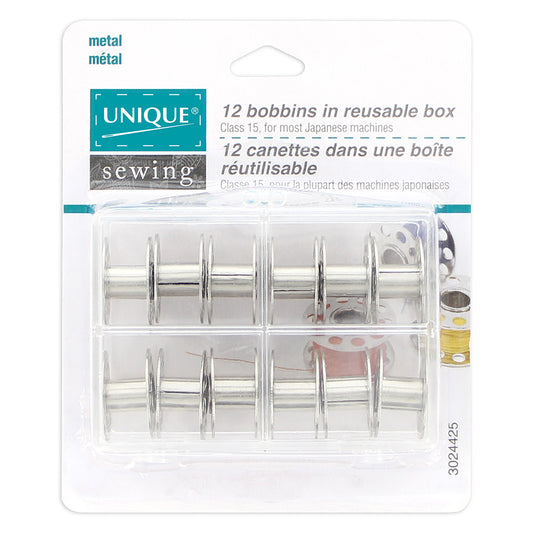 UNIQUE SEWING Metal Bobbins in Reusable Box — Singer Class 15, 12 pcs