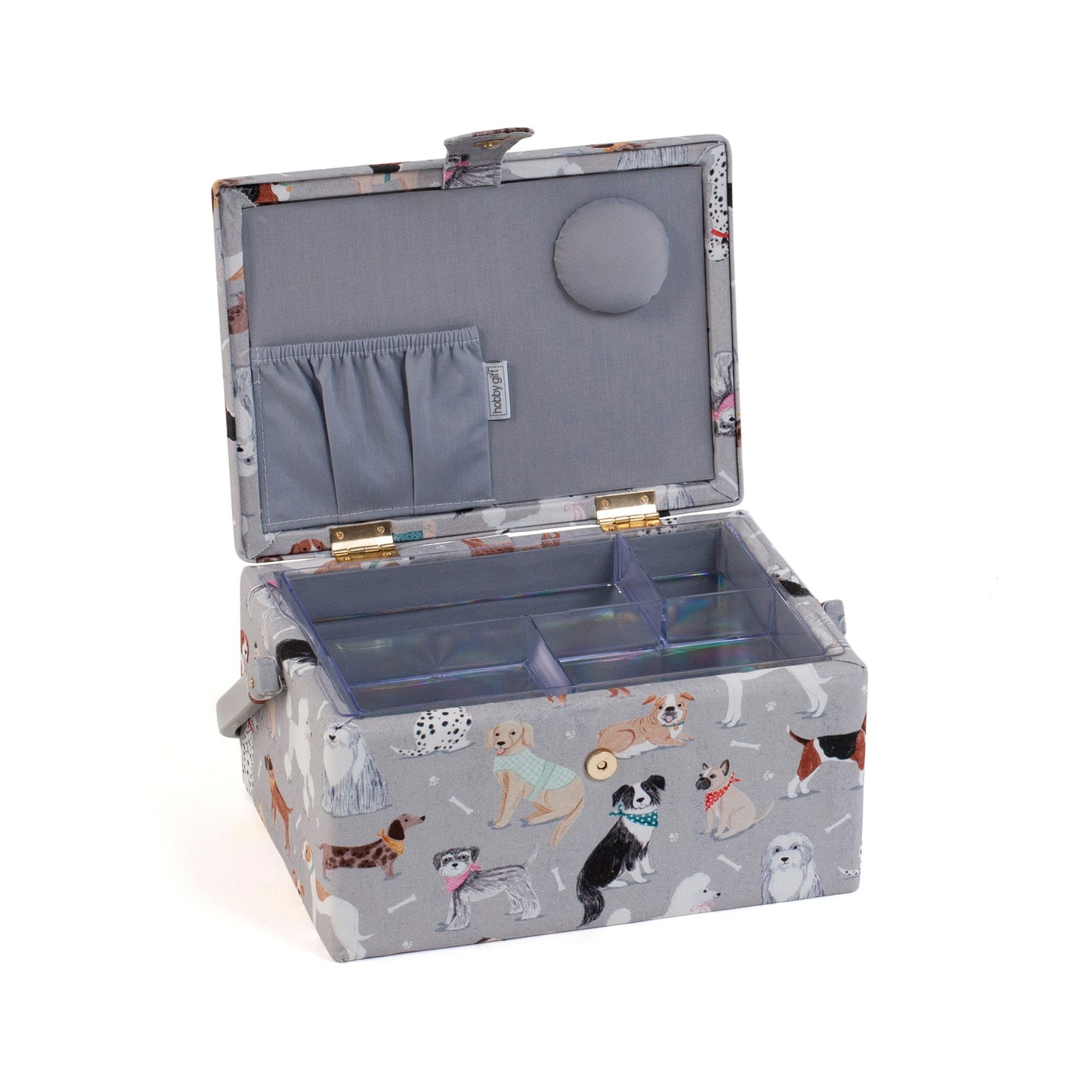 HOBBY GIFT Medium Sewing Basket, Grey Dogs, Approx. 25.5 × 18.5 × 14.5 cm
