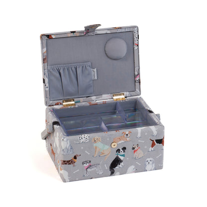 HOBBY GIFT Medium Sewing Basket, Grey Dogs, Approx. 25.5 × 18.5 × 14.5 cm