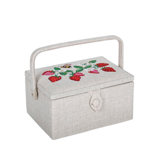 HOBBY GIFT Medium Sewing Basket, Embroidered Strawberries, Approx. 25.5 × 18.5 × 14.5 cm
