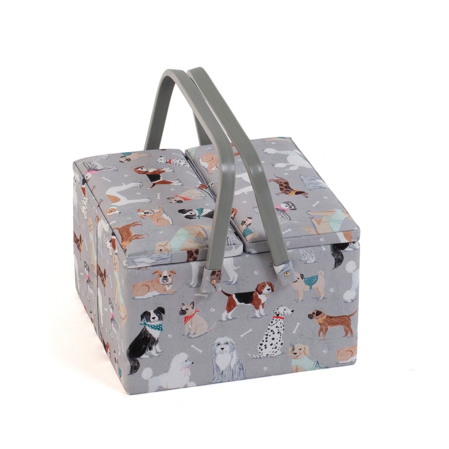 HOBBY GIFT Large Twin-Lid Sewing Basket, Grey Dogs, Approx. 24.5 × 24.5 × 17 cm