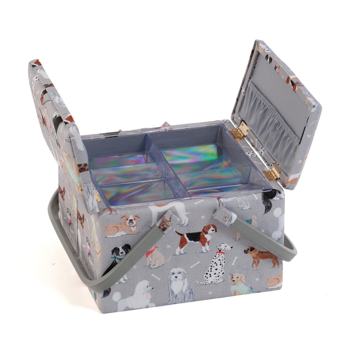 HOBBY GIFT Large Twin-Lid Sewing Basket, Grey Dogs, Approx. 24.5 × 24.5 × 17 cm