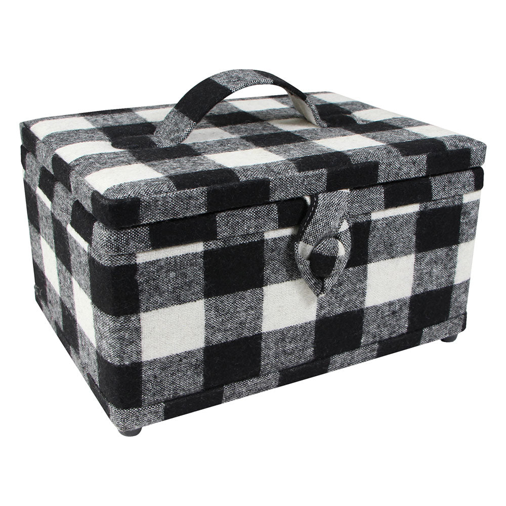 VIVACE Medium Sewing Basket – White & Black Plaid – 25 × 19 × 15 cm (10″ × 7½″ × 5¾″)