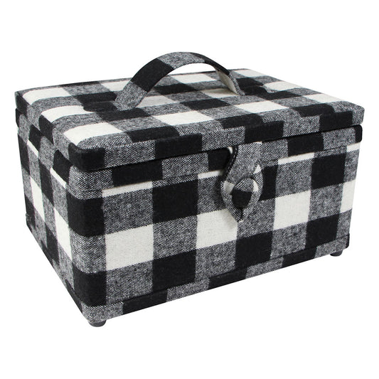 VIVACE Medium Sewing Basket – White & Black Plaid – 25 × 19 × 15 cm (10″ × 7½″ × 5¾″)