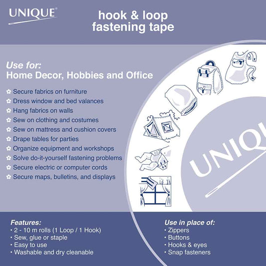 UNIQUE black sew-on hook & loop tape, 19 mm × 10 m