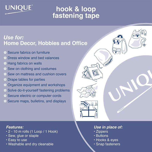 UNIQUE black sew-on hook & loop tape, 25 mm × 10 m