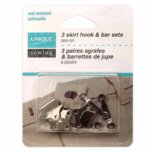 UNIQUE SEWING Skirt Hook & Bar Sets — Silver, 3 Sets, Sew‑On