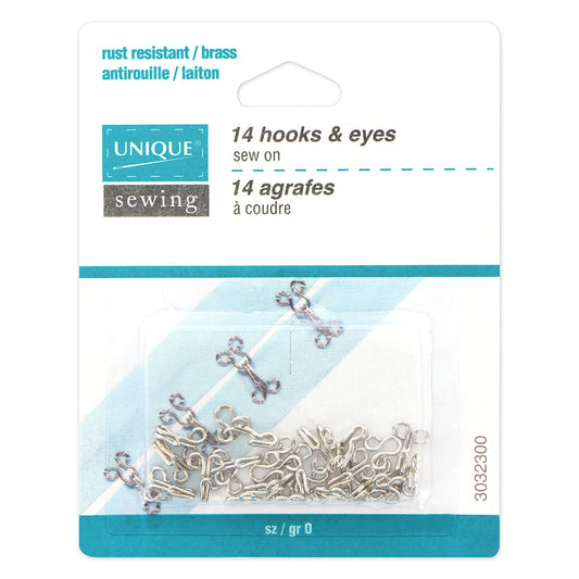 UNIQUE SEWING Hooks & Eyes — Size 0, Silver, 14 Sets