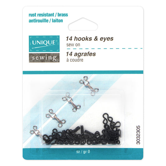 UNIQUE SEWING Hooks & Eyes — Size 0, Black, 14 Sets