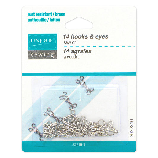 UNIQUE SEWING Hooks & Eyes — Size 1, Silver, 14 Sets