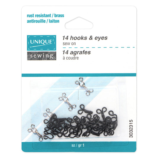 UNIQUE SEWING Hooks & Eyes — Size 1, Black, 14 Sets