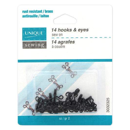 UNIQUE SEWING Hooks & Eyes — Size 2, Black, 14 Sets
