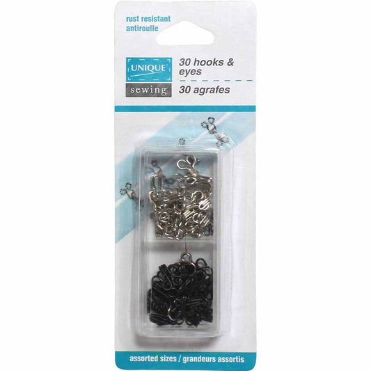 UNIQUE SEWING Hooks & Eyes — Assorted Sizes, 30 Sets