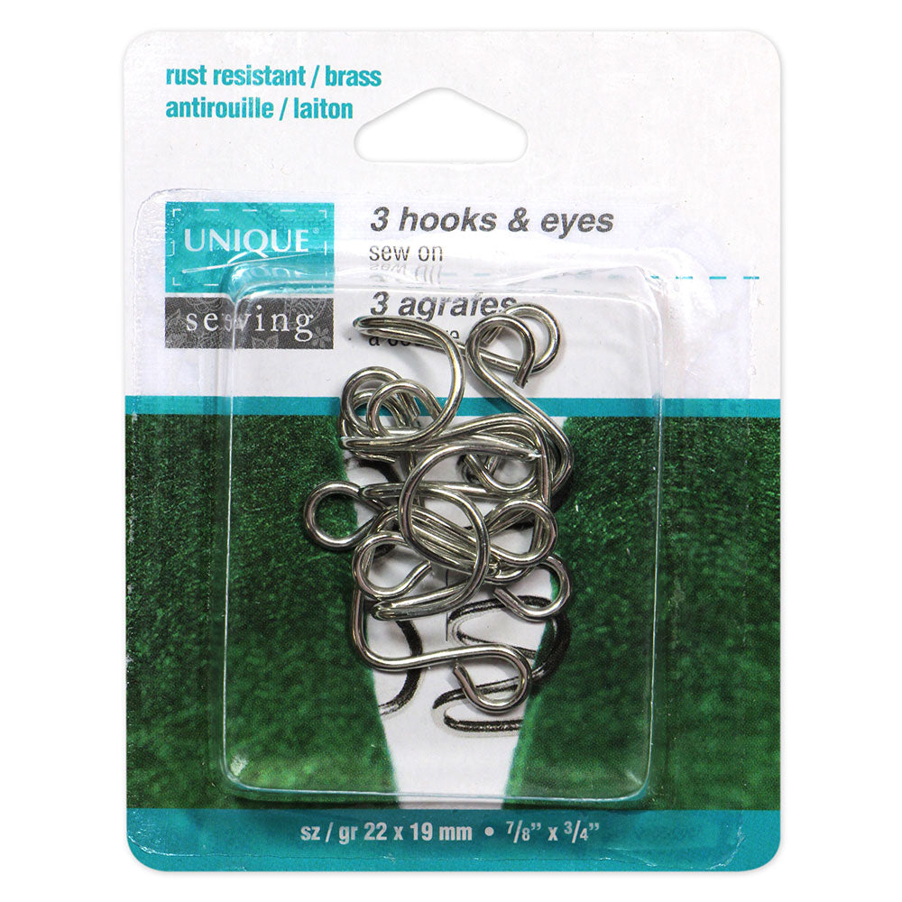 UNIQUE SEWING Hooks & Eyes — Nickel, 22 × 19 mm, 3 sets