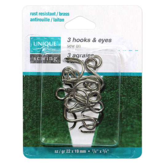 UNIQUE SEWING Hooks & Eyes — Nickel, 22 × 19 mm, 3 sets