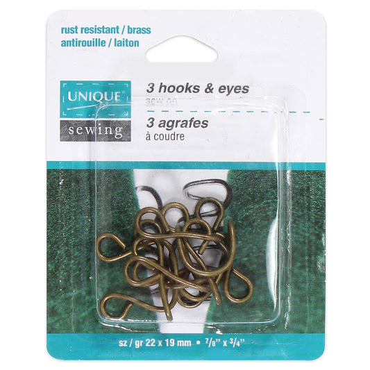 UNIQUE SEWING Hooks & Eyes — Brass, 22 × 19 mm, 3 sets