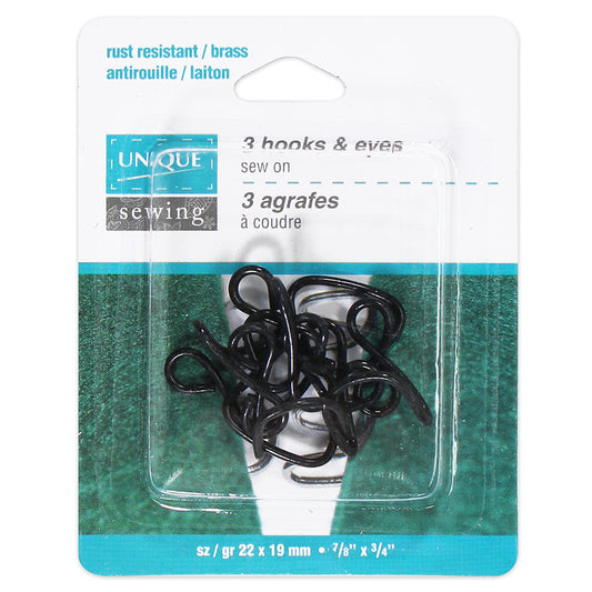UNIQUE SEWING Hooks & Eyes — Charcoal, 22 × 19 mm, 3 sets