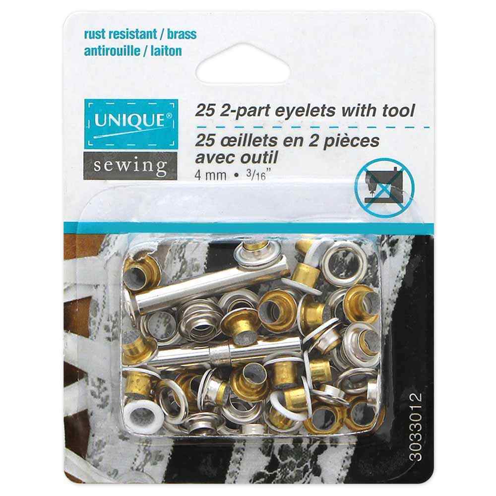 UNIQUE SEWING 2‑Part Eyelets with Tool - 4mm (1/8") - White - 25 pcs