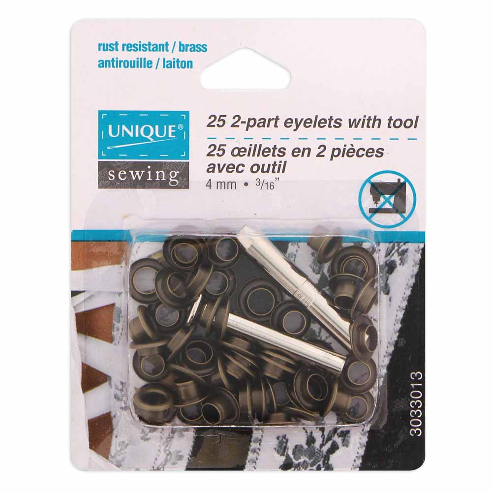 UNIQUE SEWING 2‑Part Eyelets with Tool – 4mm (3/16") – Antique Gold – 25 pcs