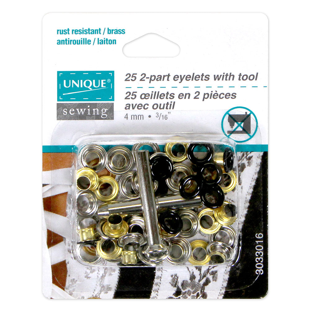 UNIQUE SEWING 2‑Part No‑Sew Eyelets with Tool – Black – 4 mm (1/8″), 25 pcs
