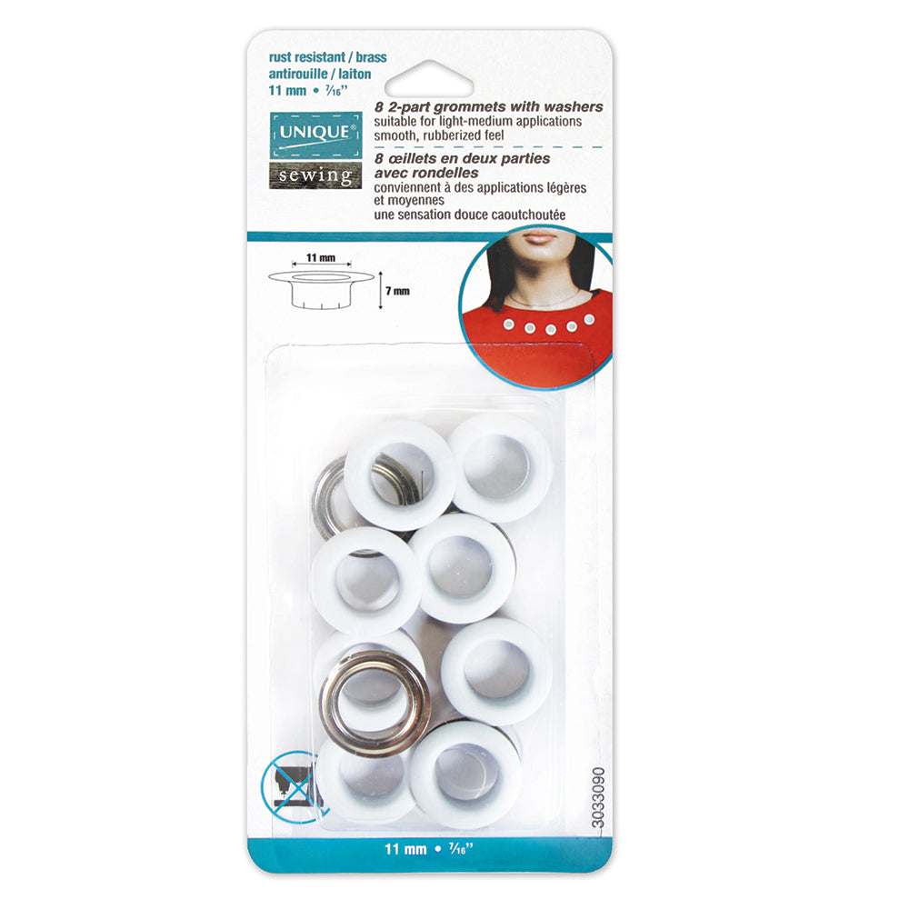 UNIQUE SEWING 2‑Part Fashion Grommets – 11mm (7/16") – White – 8 sets