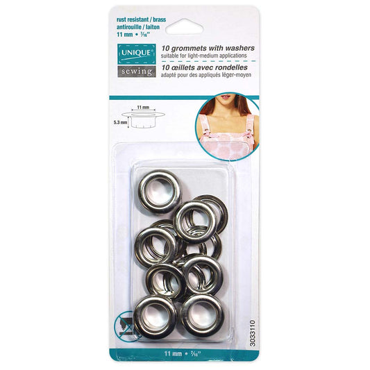 UNIQUE SEWING Grommets with Washers - 11 x 5.3 mm (3/8 x 3/16) - Silver - 10 sets