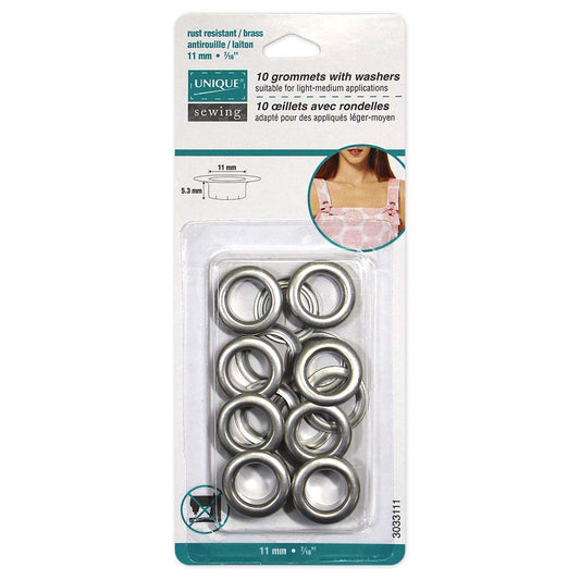 UNIQUE SEWING Grommets with Washers - 11 x 5.3 mm (3/8 x 3/16) - Satin Silver - 10 sets