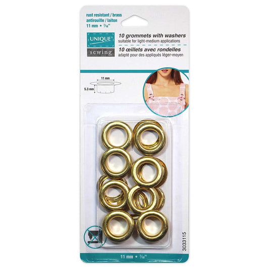 UNIQUE SEWING Grommets with Washers - 11 x 5.3 mm (3/8 x 3/16) - Gold - 10 sets