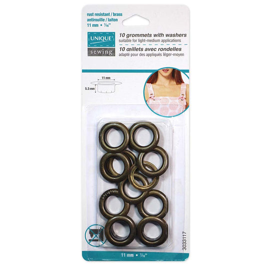 UNIQUE SEWING Grommets with Washers - 11 x 5.3 mm (3/8 x 3/16) - Antique Gold - 10 sets