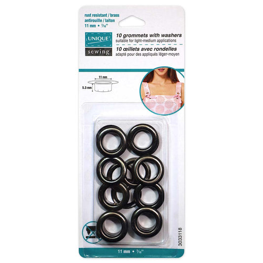 UNIQUE SEWING Grommets with Washers - 11 x 5.3 mm (3/8 x 3/16) - Gunmetal - 10 sets
