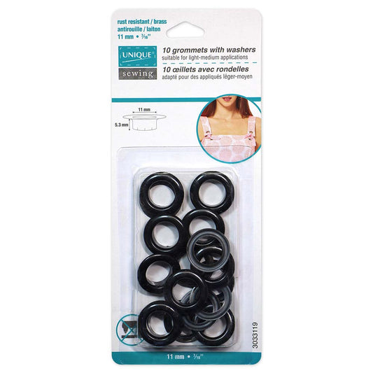 UNIQUE SEWING Grommets with Washers - 11 x 5.3 mm (3/8 x 3/16) - Black - 10 sets
