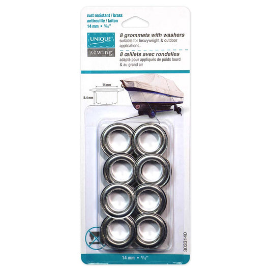 UNIQUE SEWING Grommets with Washers – 14 × 8.4 mm (9/16 × 5/16) – Silver – 8 sets