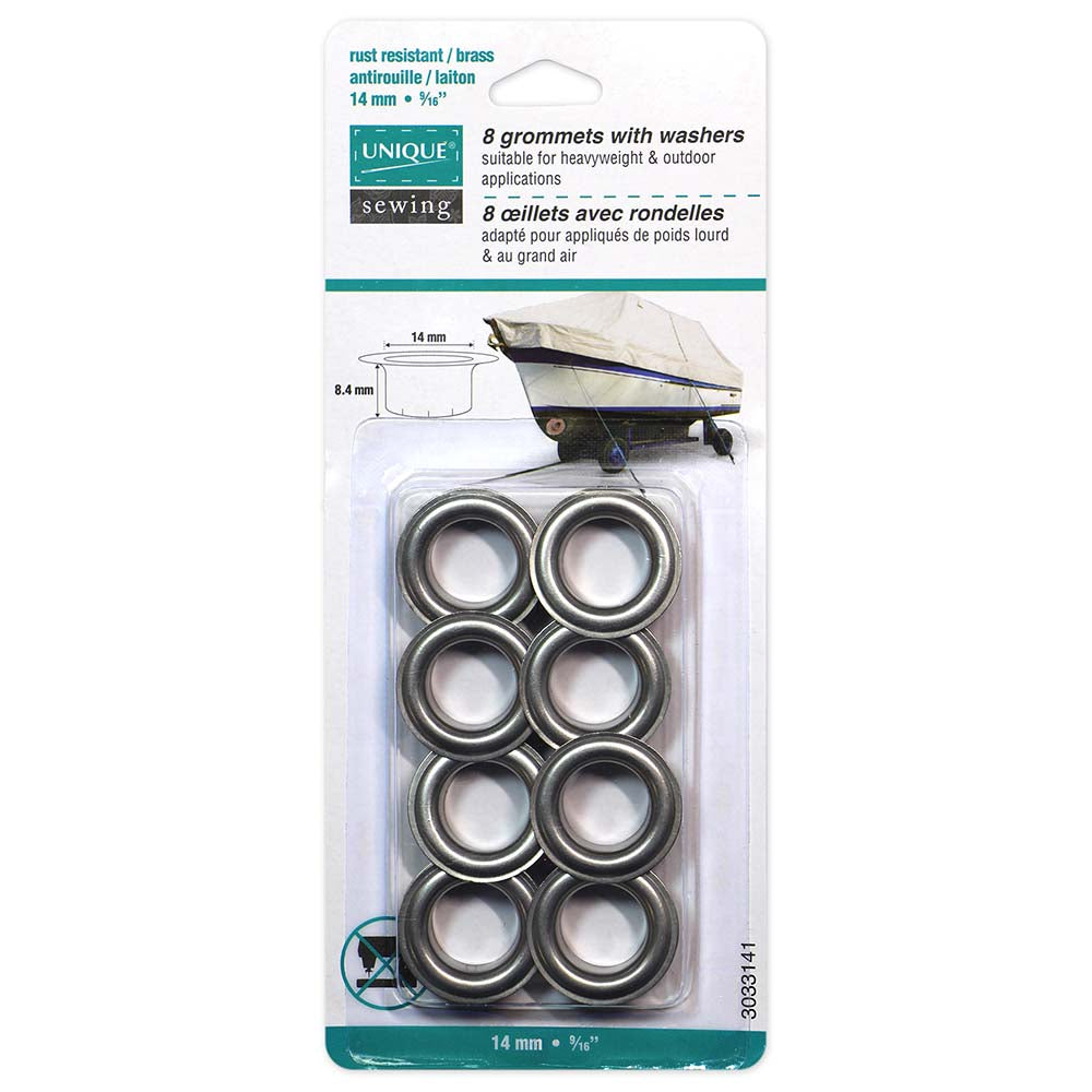 UNIQUE SEWING Grommets with Washers – 14 × 8.4 mm (9/16 × 5/16) – Satin Silver – 8 sets